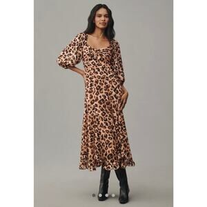 Hutch Animal Print Twist-Front Puff-Sleeve Ruffle-Hem Dress Medium New